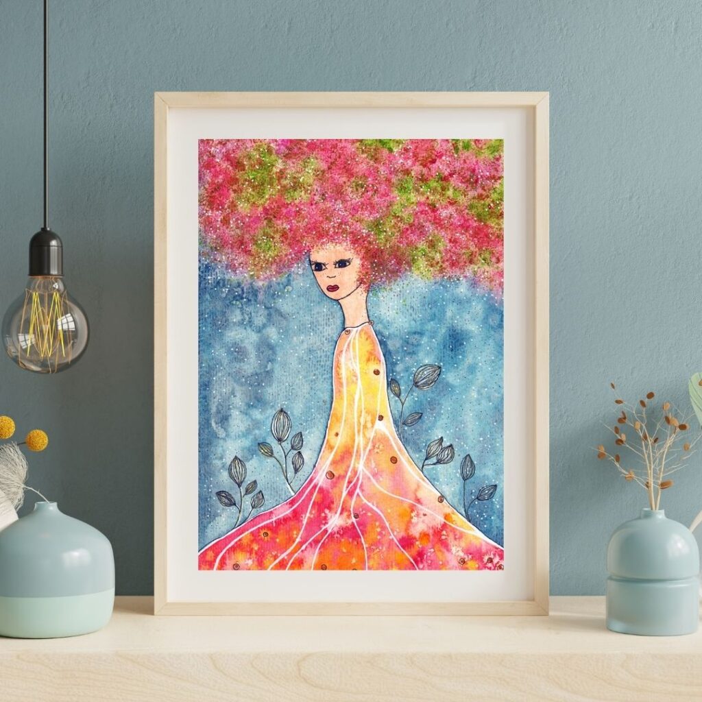 Aquarell Frau pink-grünes Haar vor eisblauer Wand auf hellem Regalbrett
