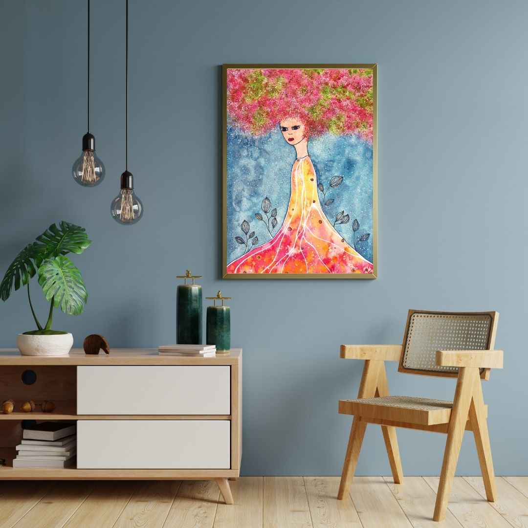 Aquarell Frau pink-grünes Haar an grauer Wand über Sideboard und Stuhl