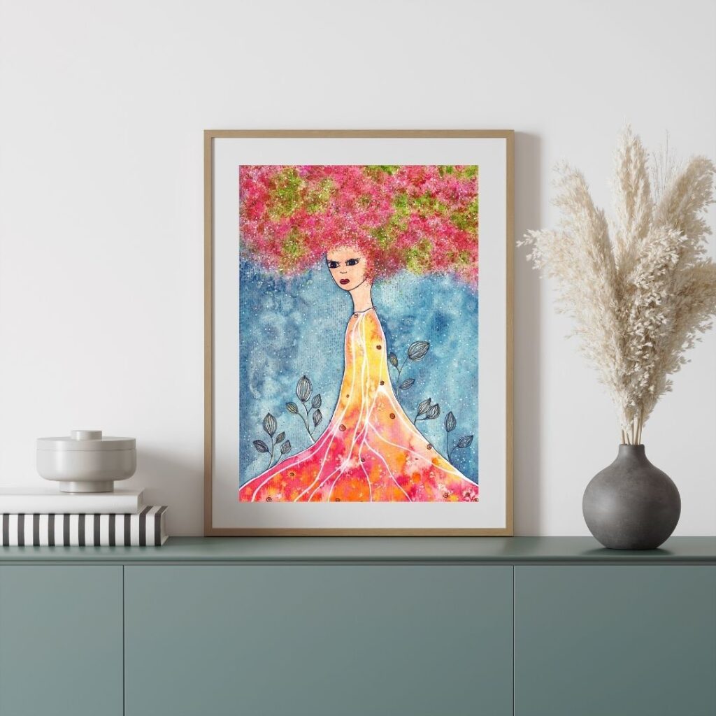Aquarell Frau pink-grünes Haar auf grauem Sideboard