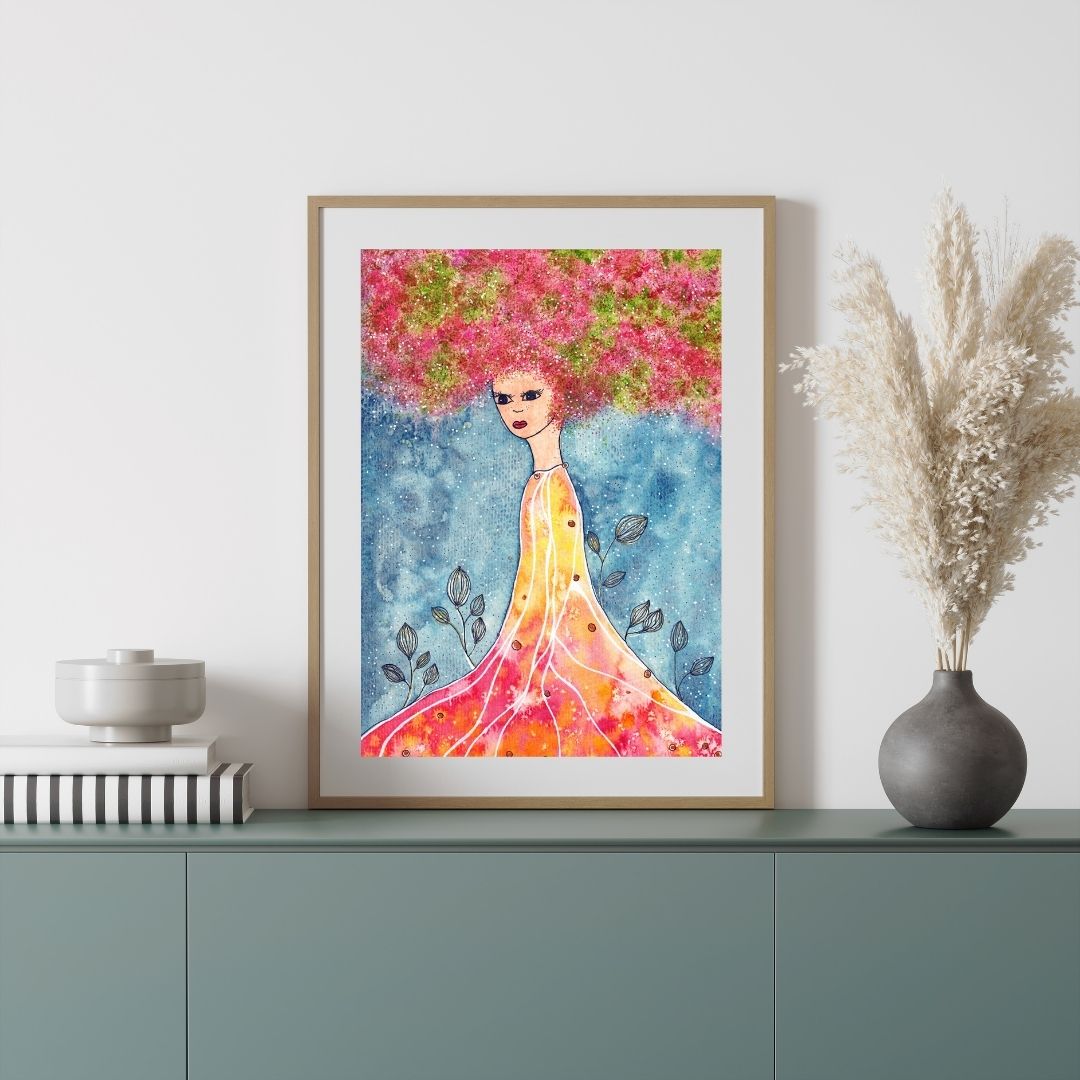 Aquarell Frau pink-grünes Haar auf grauem Sideboard