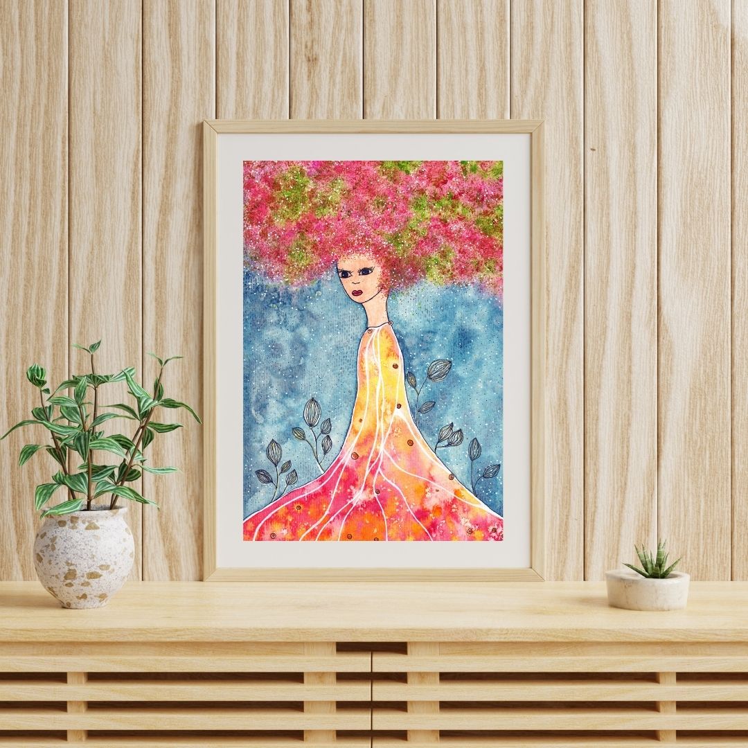 Aquarell Frau pink-grünes Haar auf hellem Holzsideboard