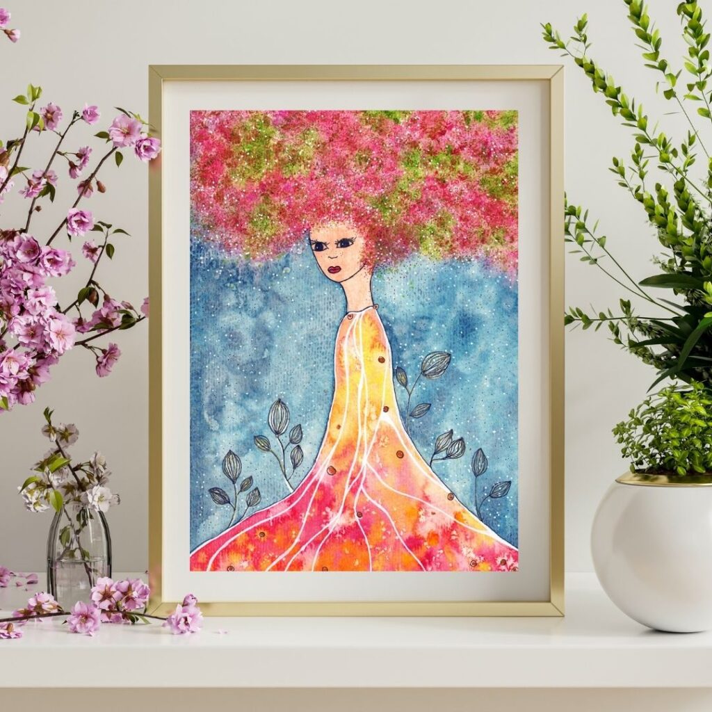 Aquarell Frau pink-grünes Haar auf hellem Regalbrett mit Blumen