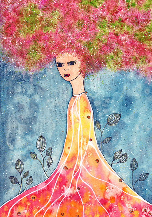 Aquarell Frau pink-grünes Haar, orangefarbenes Kleid, blauer Hintergrund