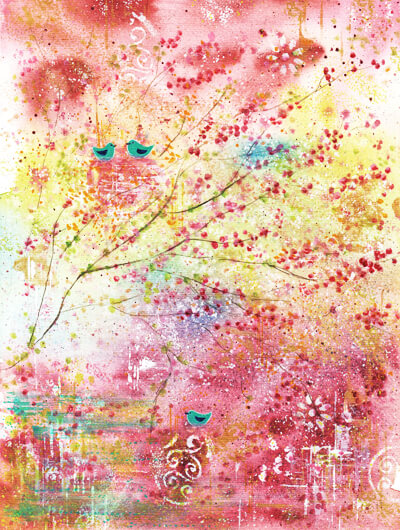 Halbabstraktes leuchtendes Aquarell mit Zweigen und Vögeln in den Farben Pink, Rosa, Gelb, Türkis