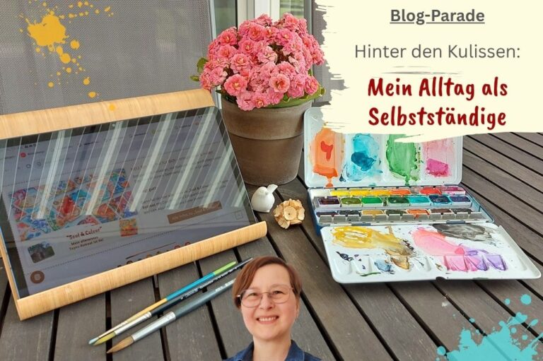 Gartentisch mit Topfblumen, Aquarellfarbkasten, Tablet und Pinseln