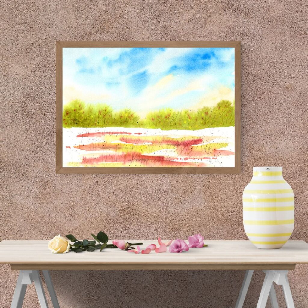 Aquarellbild mit halbabstrakter Waldlandschaft mit stürmischem türkis-grauen Himmel an brauner Wand und gelbe Vase