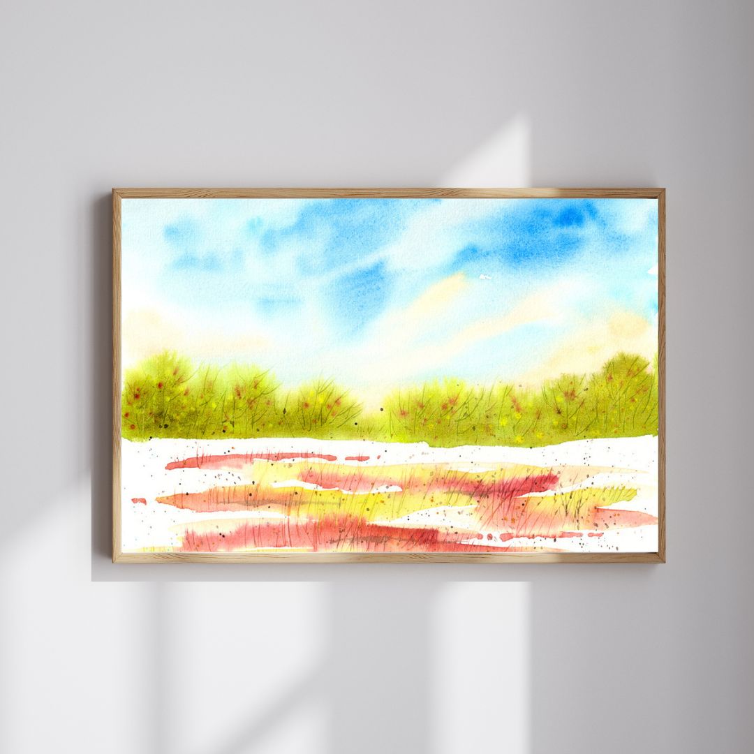 Aquarellbild mit halbabstrakter Waldlandschaft mit stürmischem türkis-grauen Himmel an hellgrauer Wand mit Sonnenlicht