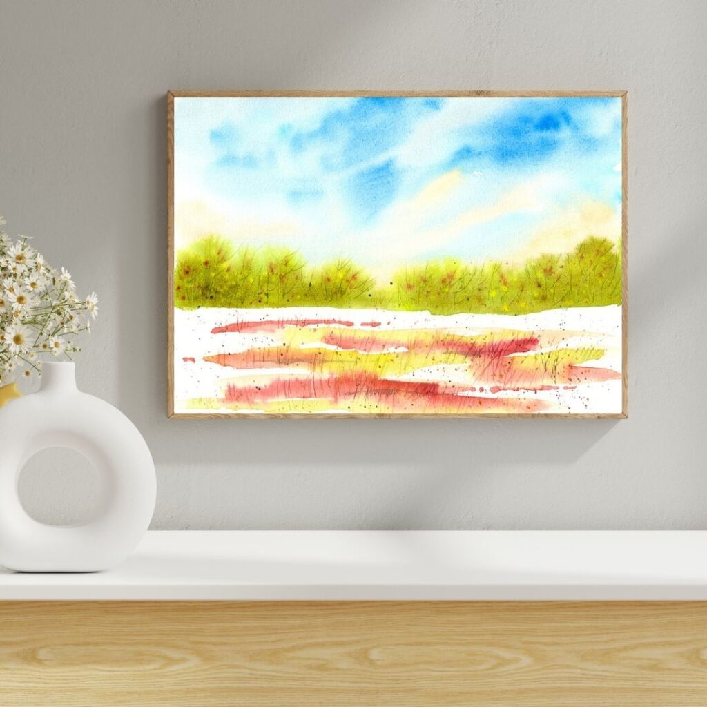Aquarell mit halbabstrakter frühsommerlicher Landschaft mit blauem Wolkenhimmel