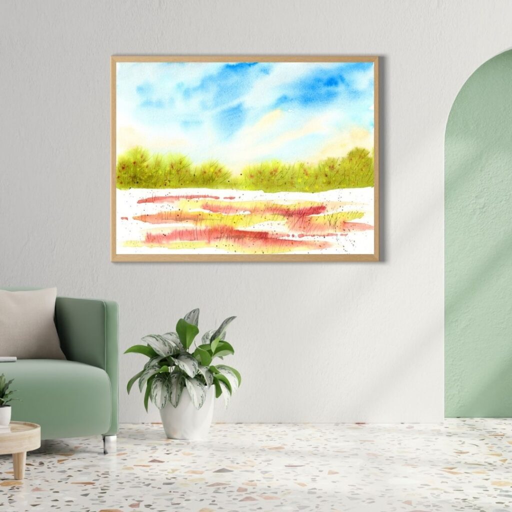 Aquarellbild mit halbabstrakter Waldlandschaft mit stürmischem türkis-grauen Himmel an hellgrauer Wand und grüner Sessel