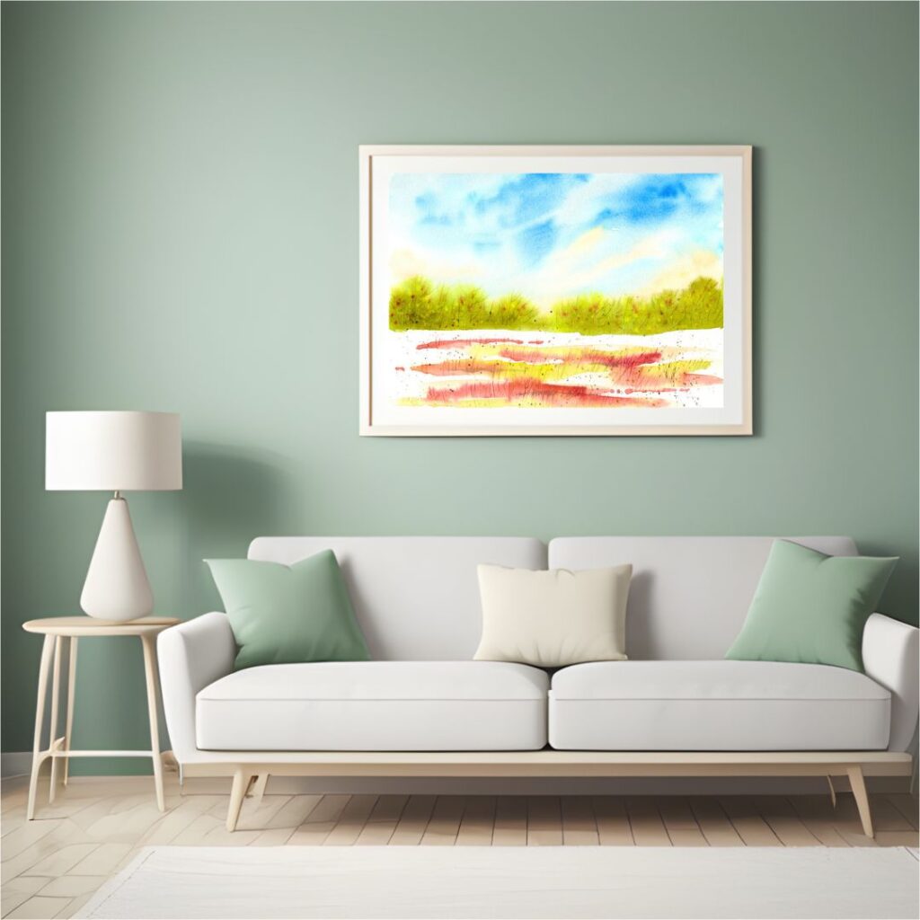 Aquarellbild mit halbabstrakter Waldlandschaft mit stürmischem türkis-grauen Himmel an pastellgrüner Wand