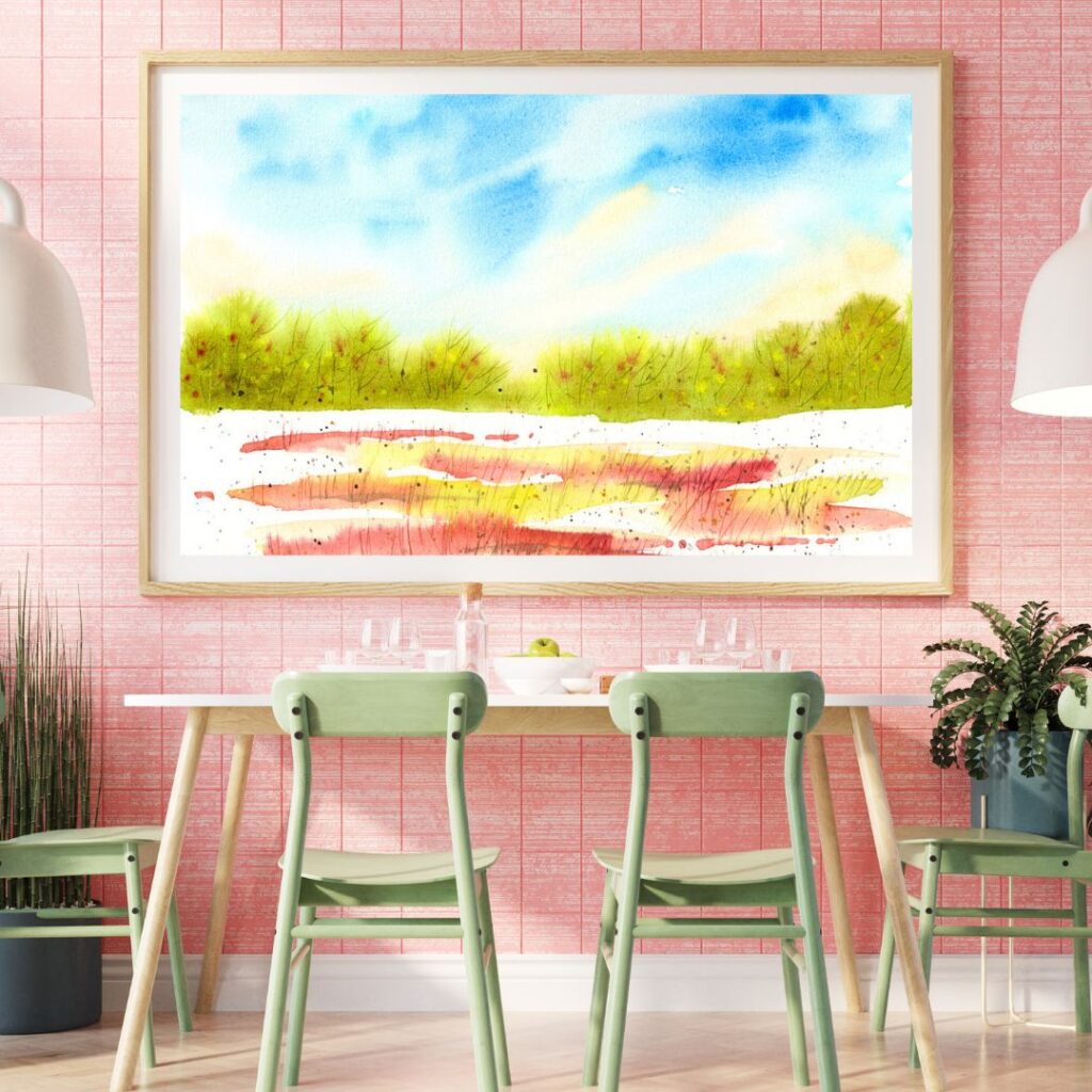 Aquarellbild mit halbabstrakter Waldlandschaft mit stürmischem türkis-grauen Himmel an rosa Wand und grüne Stühle