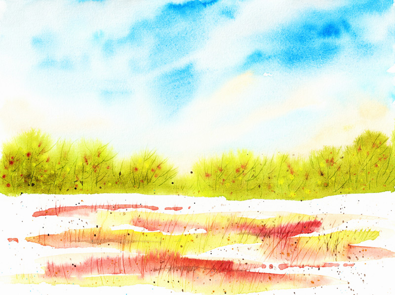 Aquarell mit halbabstrakter frühsommerlicher Landschaft mit blauem Wolkenhimmel