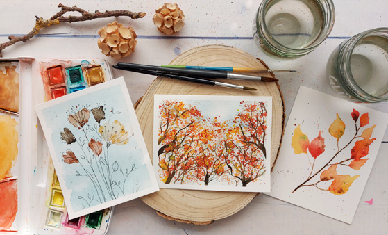 drei Herbstmotive gemalt mit Aquarell