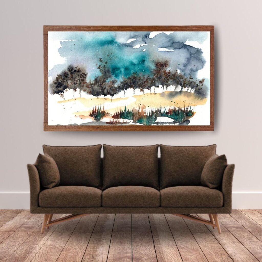 Aquarellbild mit halbabstrakter Waldlandschaft mit stürmischem türkis-grauen Himmel über braunem Sofa
