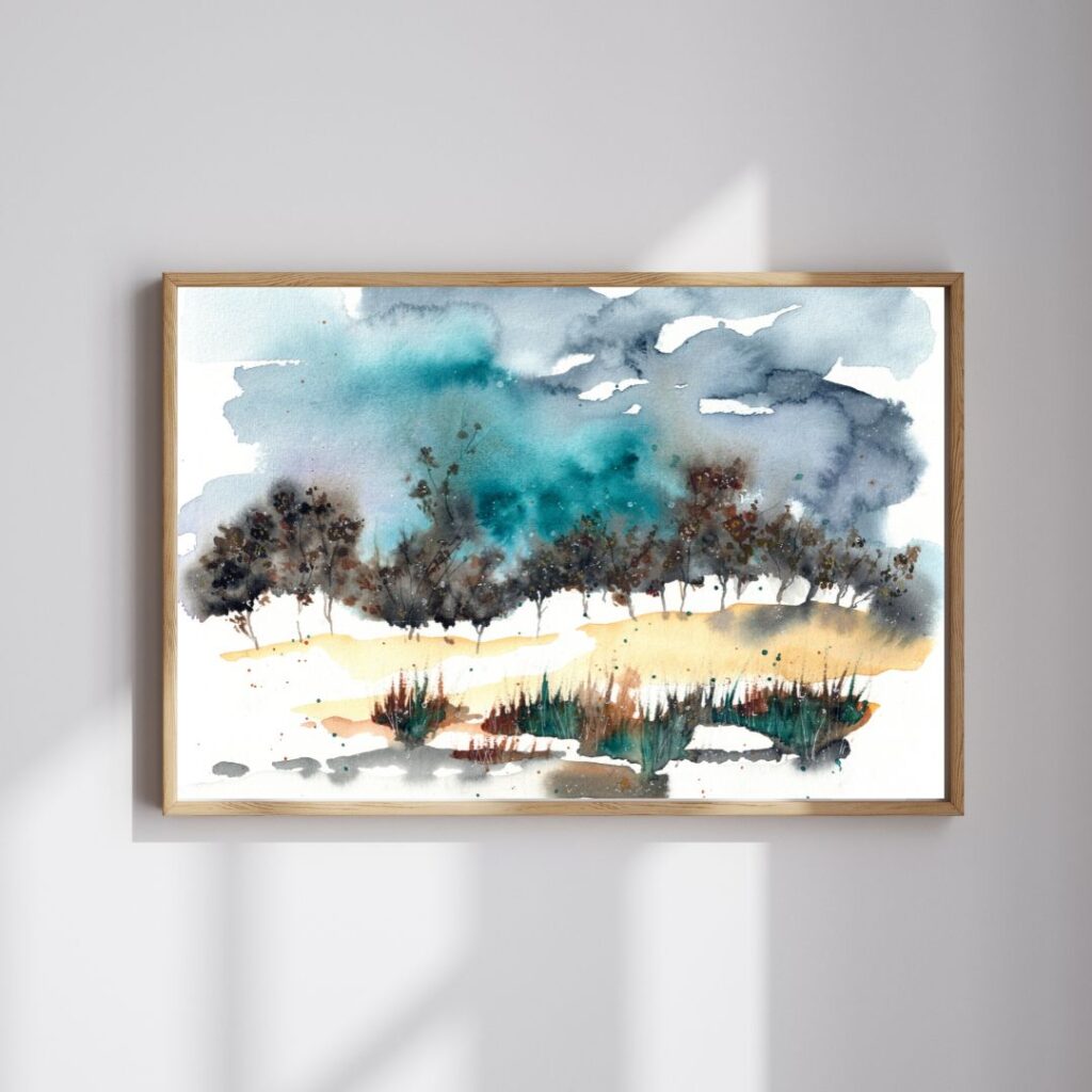 Aquarellbild mit halbabstrakter Waldlandschaft mit stürmischem türkis-grauen Himmel an grauer Wand mit Sonnenlicht