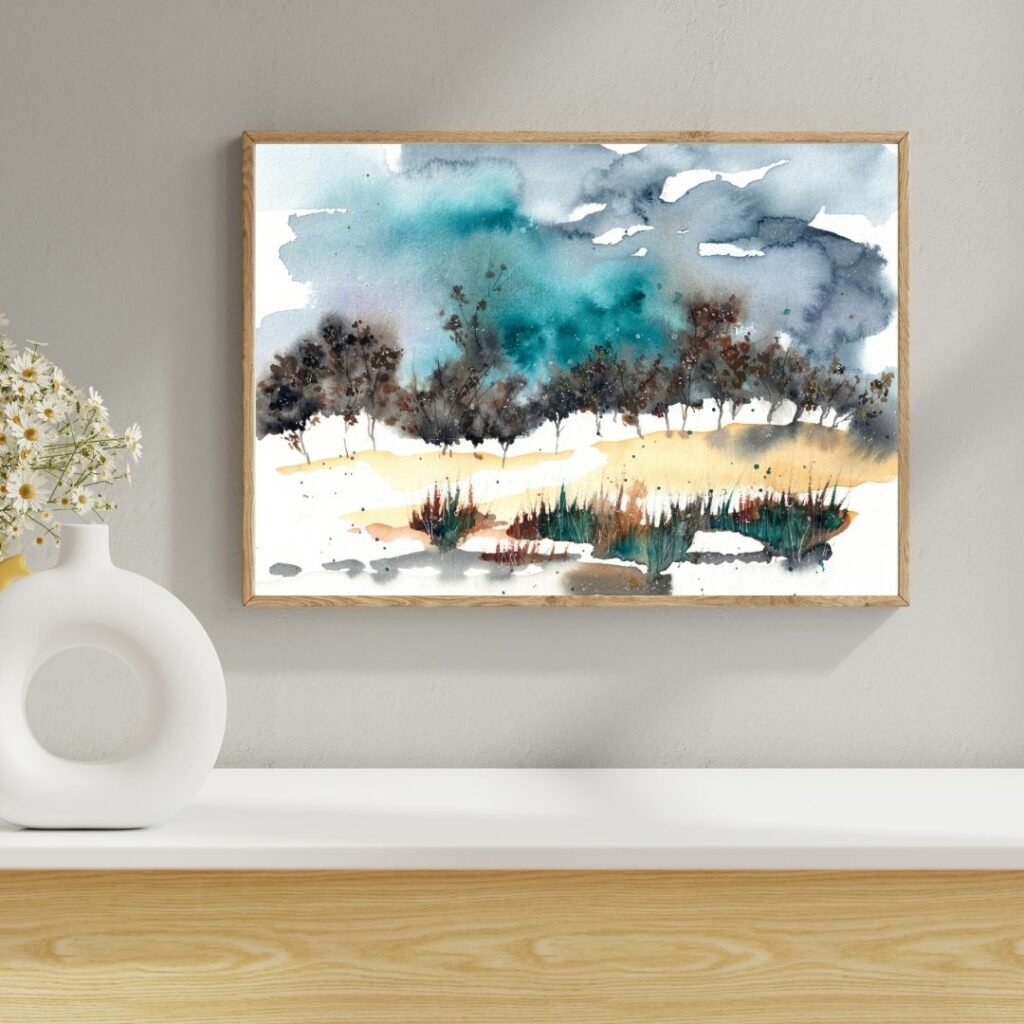 Aquarellbild mit halbabstrakter Waldlandschaft mit stürmischem türkis-grauen Himmel an grauer Wand über weißem Regal