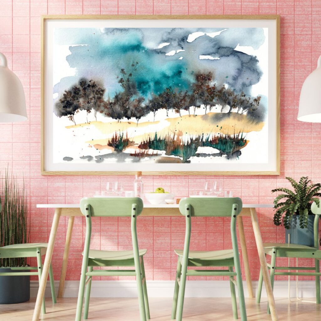 Aquarellbild mit halbabstrakter Waldlandschaft mit stürmischem türkis-grauen Himmel an rosa Wand