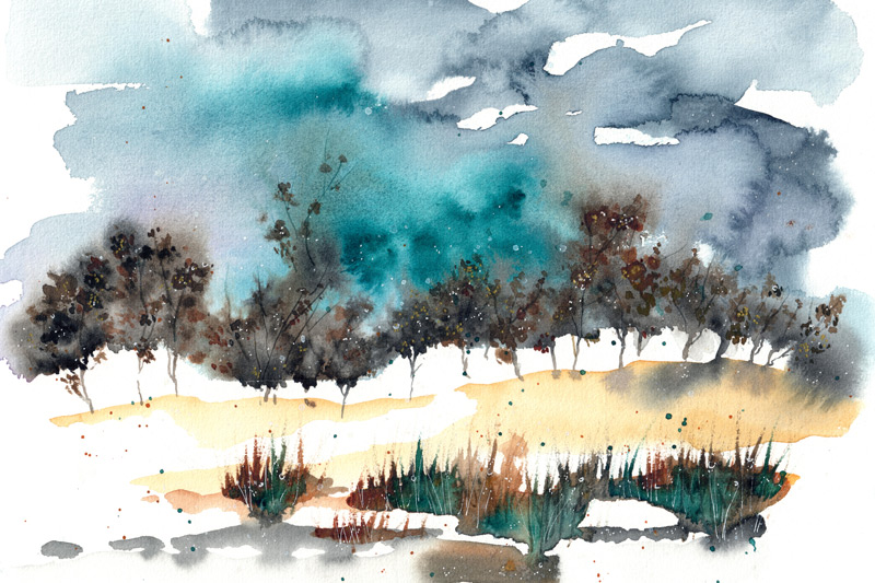 Aquarellbild mit halbabstrakter Waldlandschaft mit stürmischem türkis-grauen Himmel