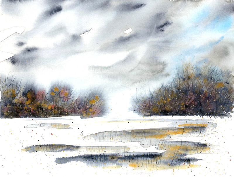 Aquarell halb abstrakt mit rotem Himmel und grau-goldener Landschaft