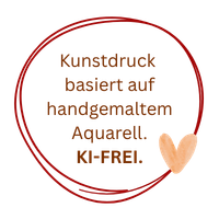 Kreis mit Text: Kunstdruck basiert auf handgemaltem Aquarell. KI-frei.
