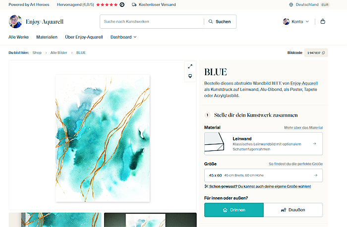 Screenshot Kunstshop mit Aquarell-Kunstdruck in Blau und Türkis