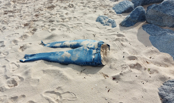 Mit Sand gefüllte Jeanshose liegt am Strand